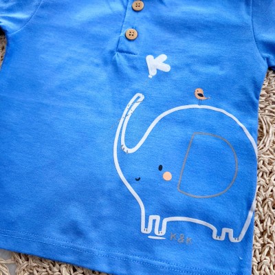Conj. Camiseta Elefantinho e Bermuda - Azul Bebê e Areia